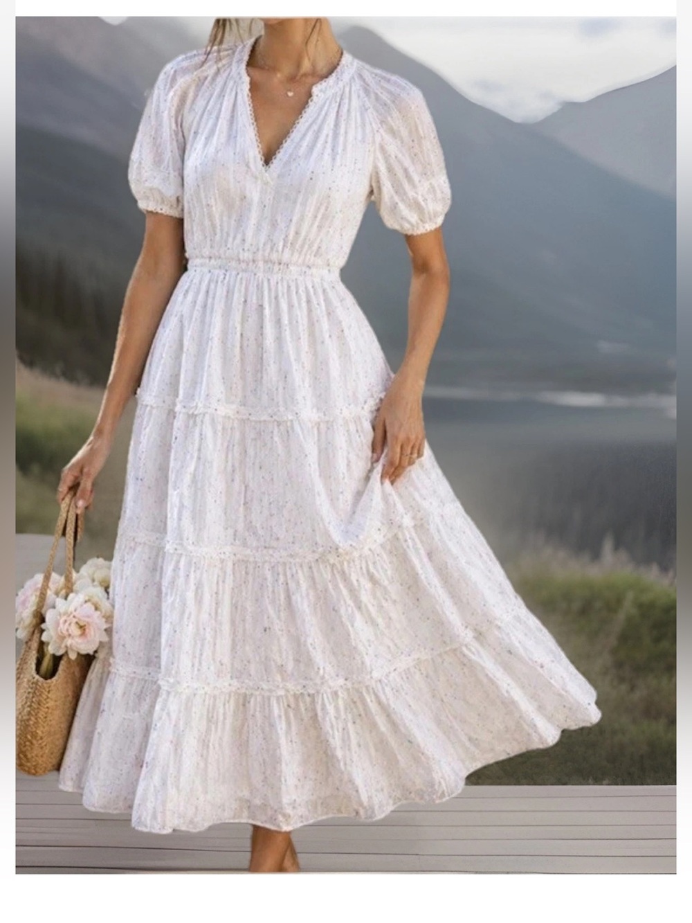Betsey Johnson Spectator Cotton Puff Sleeve Midi Dress. Tiered woven Boho. EUC